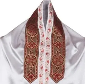 White and Bordeaux Fancy Lace Tallit Prayer Shawl set, with matching Tallit bag
