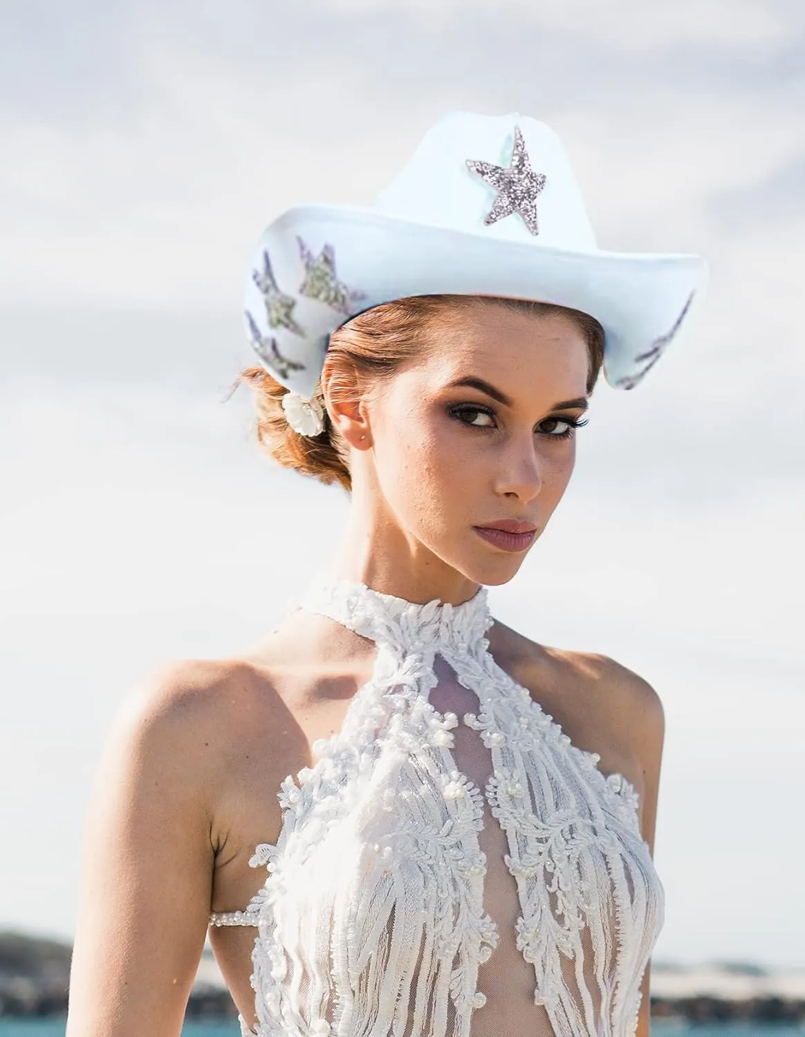 White Cowgirl Hat with Heart Sunglasses - Cowboy Hat with Glitter Star Fits Women for Bachelorette Themed Party