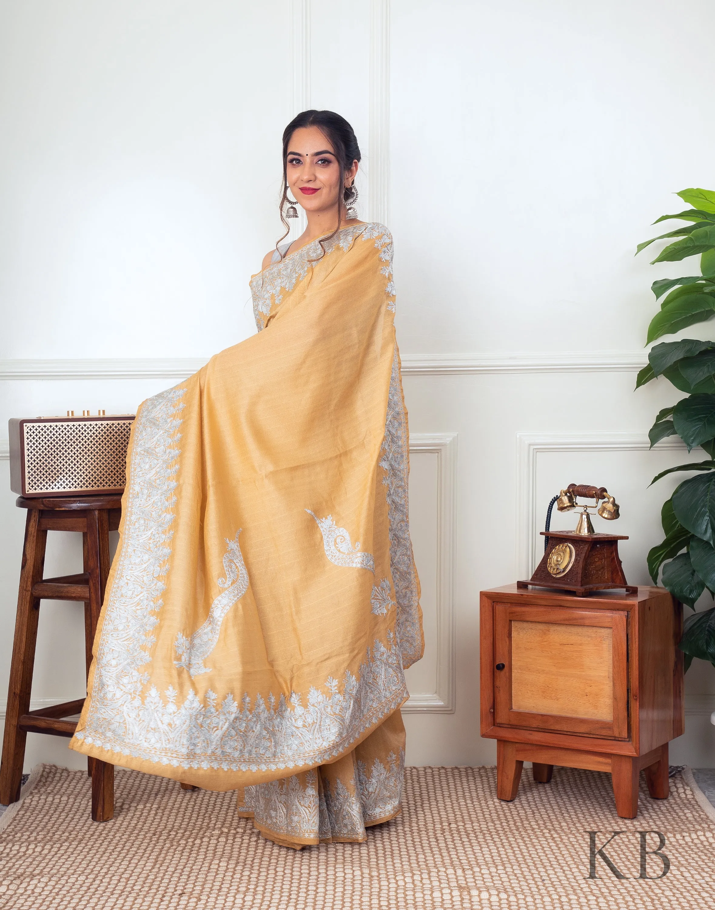 White Zari Border Golden Silk Saree