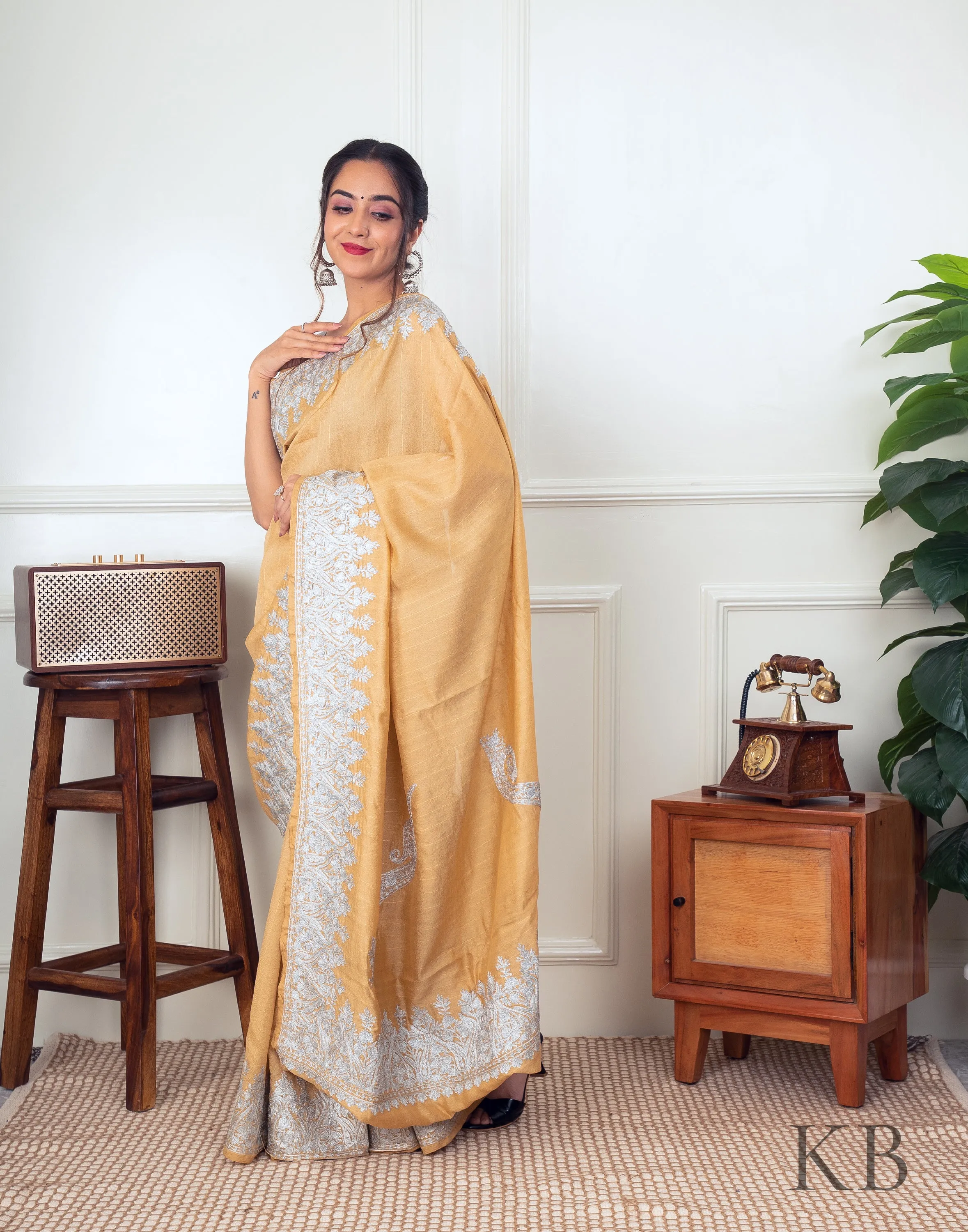 White Zari Border Golden Silk Saree