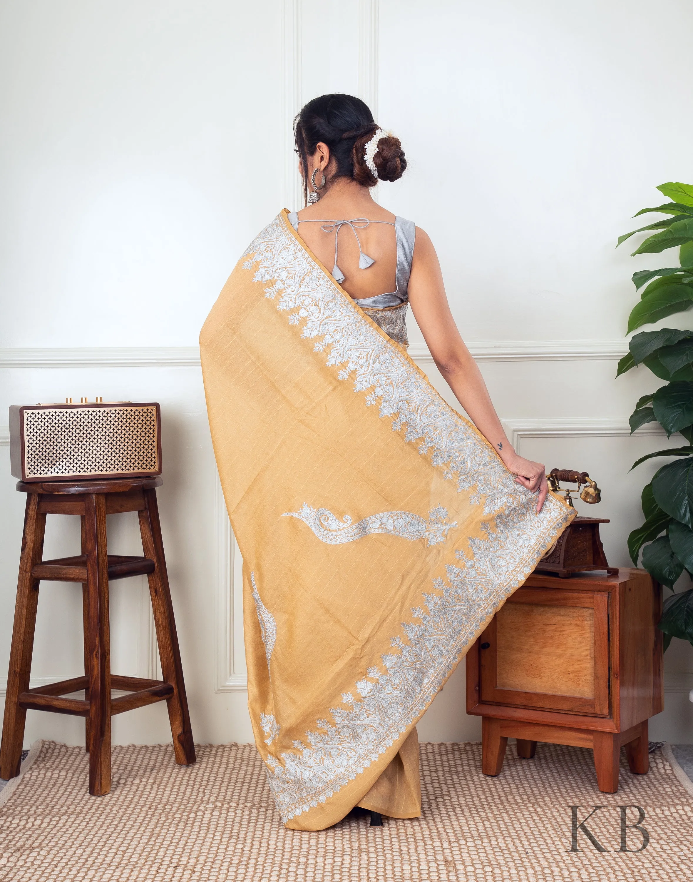 White Zari Border Golden Silk Saree