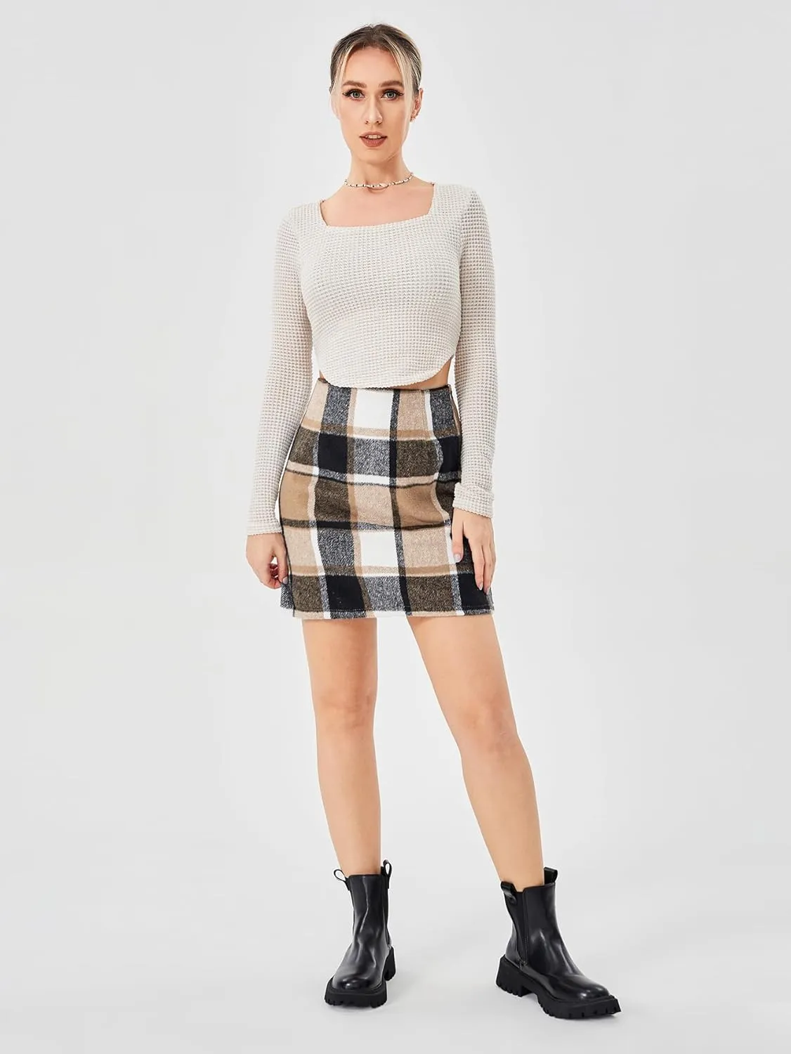 Women's Casual High Waist Plaid Skirt Bodycon Pencil Wool Mini Skirts