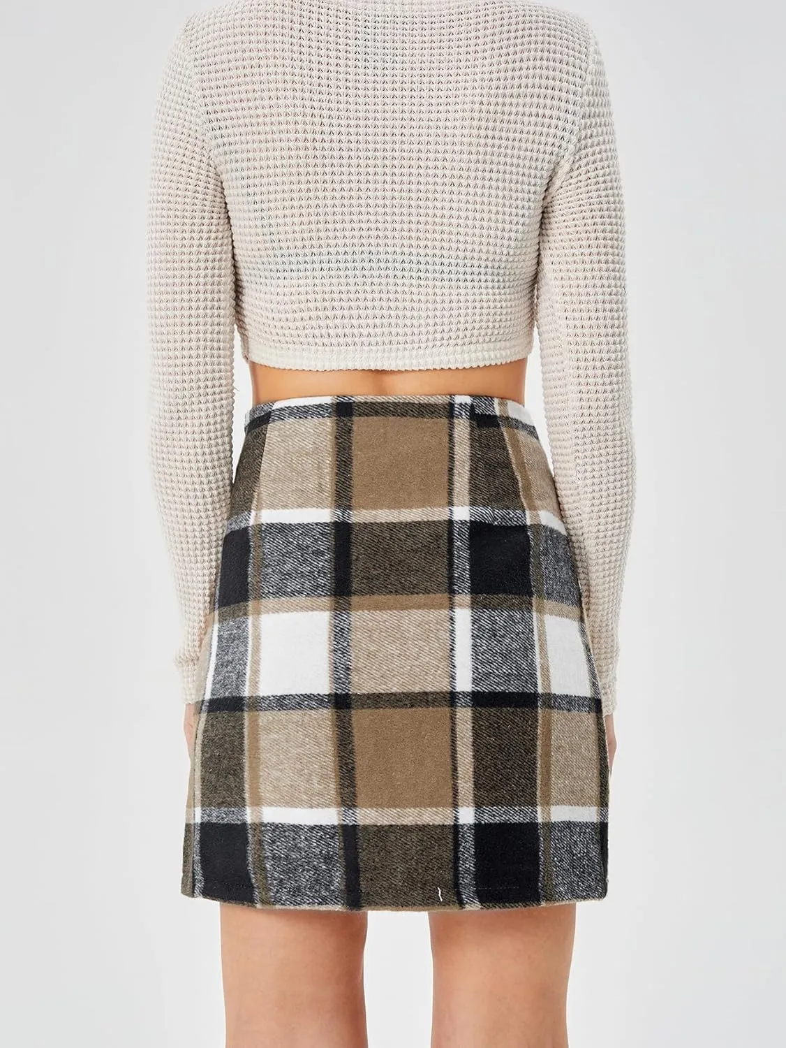 Women's Casual High Waist Plaid Skirt Bodycon Pencil Wool Mini Skirts
