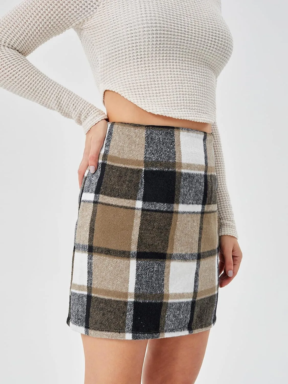 Women's Casual High Waist Plaid Skirt Bodycon Pencil Wool Mini Skirts