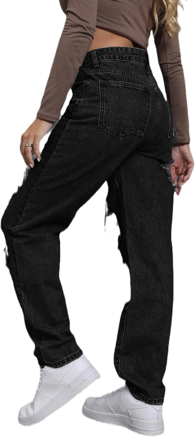 Women's Pink Ripped High Waisted Jeans - Distressed Straight Leg Y2K Pants - Size M (Long Inseam)