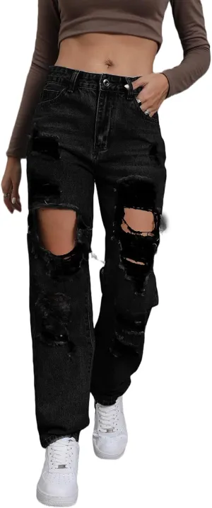 Women's Pink Ripped High Waisted Jeans - Distressed Straight Leg Y2K Pants - Size M (Long Inseam)