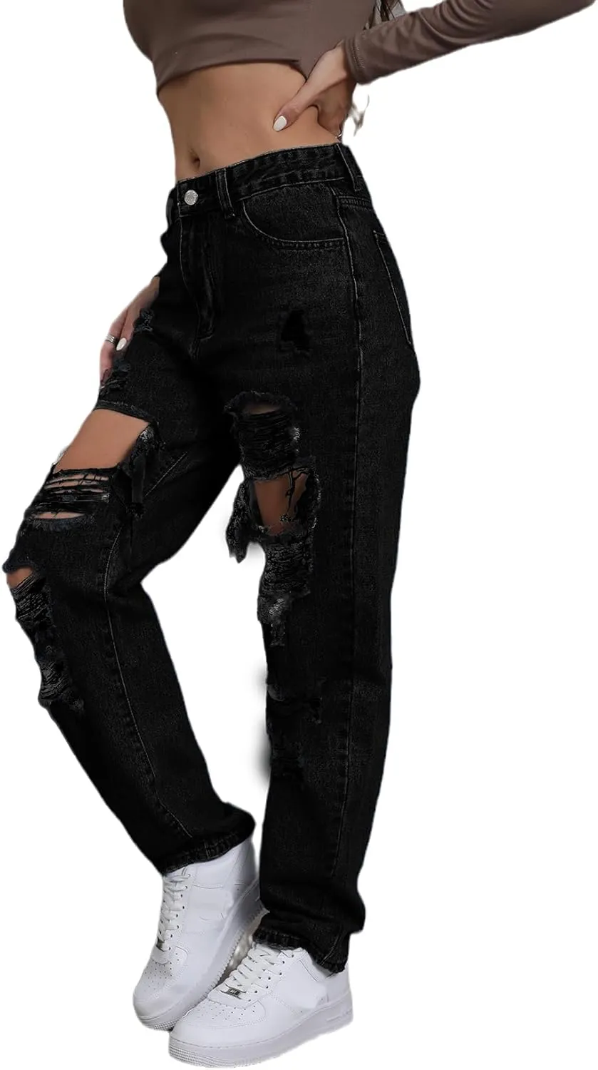 Women's Pink Ripped High Waisted Jeans - Distressed Straight Leg Y2K Pants - Size M (Long Inseam)