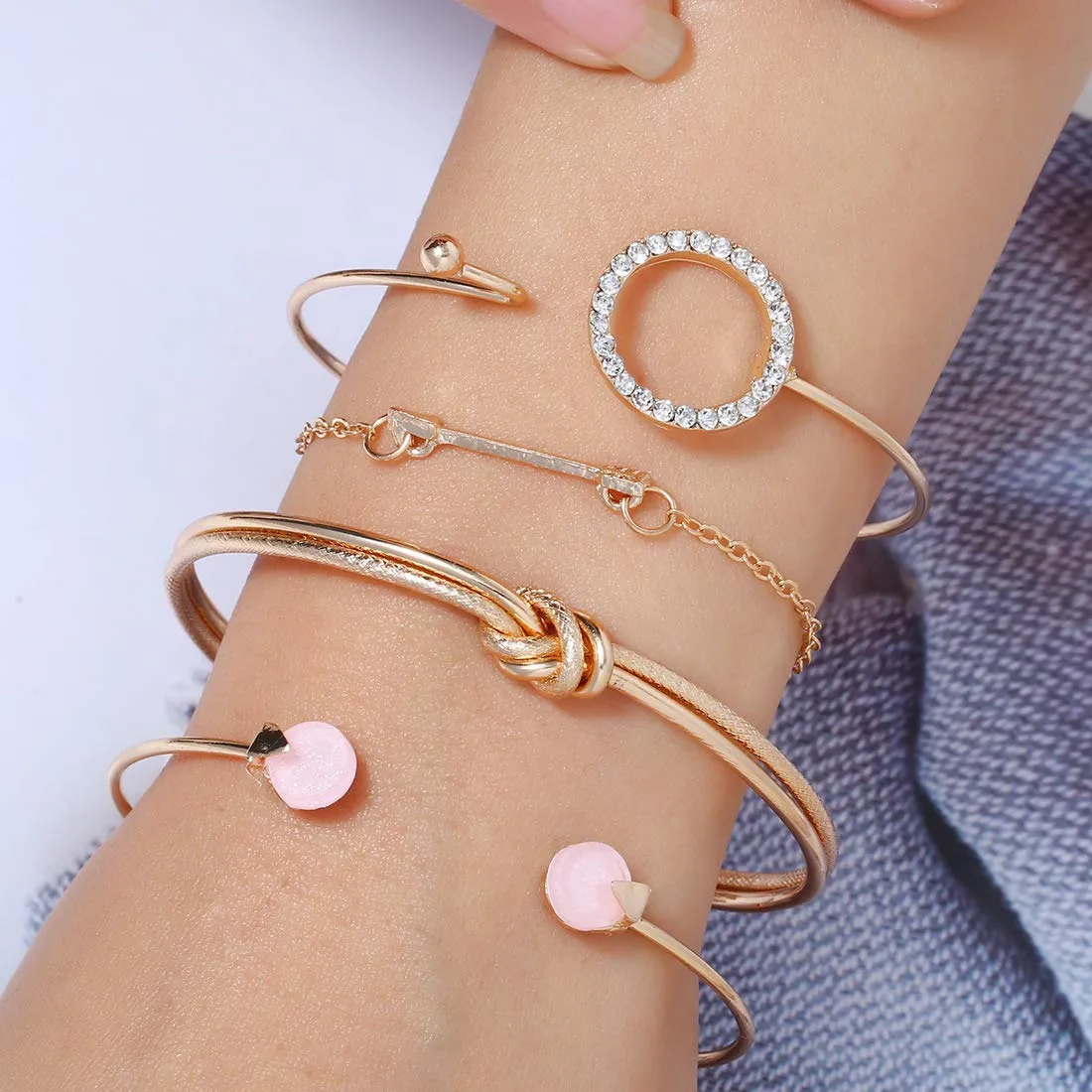 Yellow Chimes Combo of 4 Pcs Multilayer Crystal Round Arrow Knot Gold Plated Cuff Bracelet for Women and Girl's