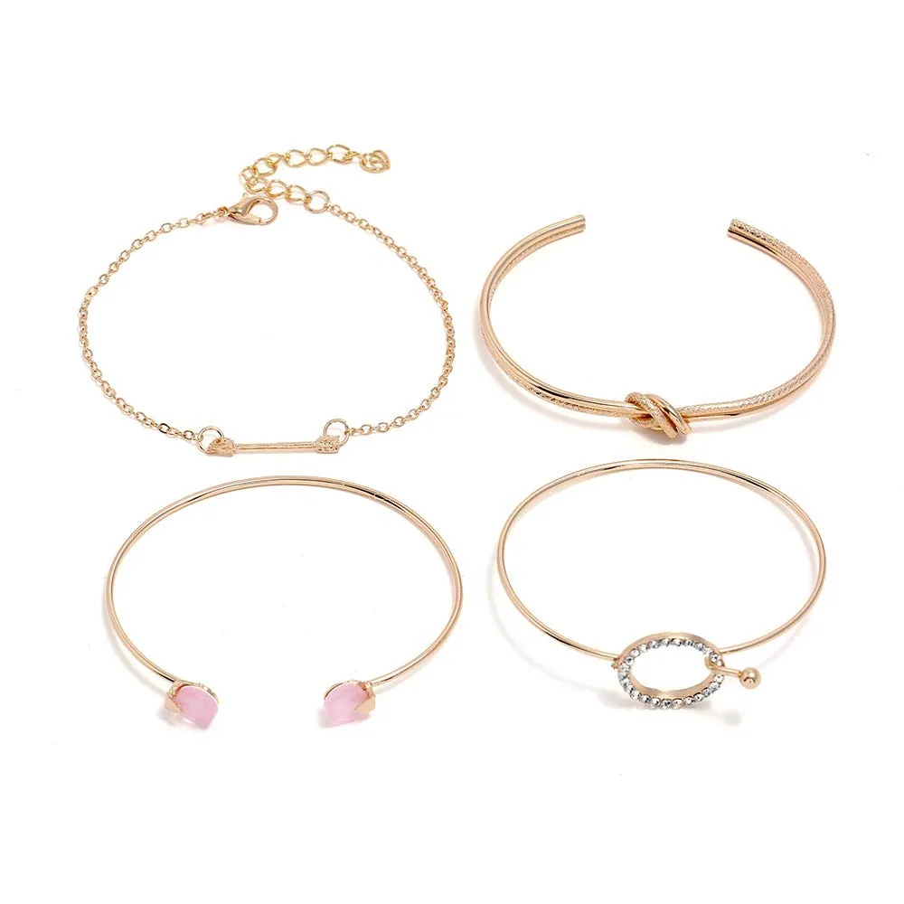 Yellow Chimes Combo of 4 Pcs Multilayer Crystal Round Arrow Knot Gold Plated Cuff Bracelet for Women and Girl's