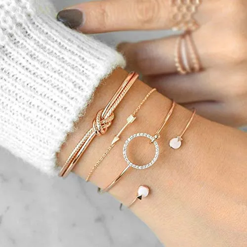 Yellow Chimes Combo of 4 Pcs Multilayer Crystal Round Arrow Knot Gold Plated Cuff Bracelet for Women and Girl's