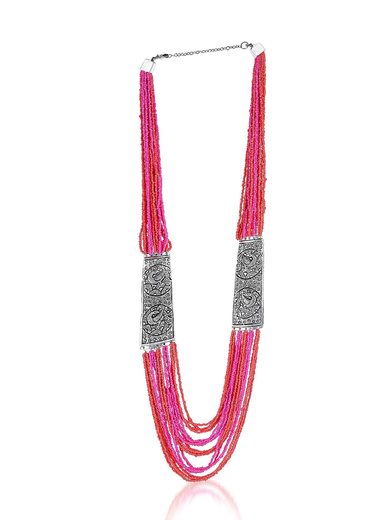 Yellow Chimes Designer Artistic Handmade Afghani Tibetan Style German Silver Oxidized Mulit Layer Beads Long Necklace Women and Girls (Pink)