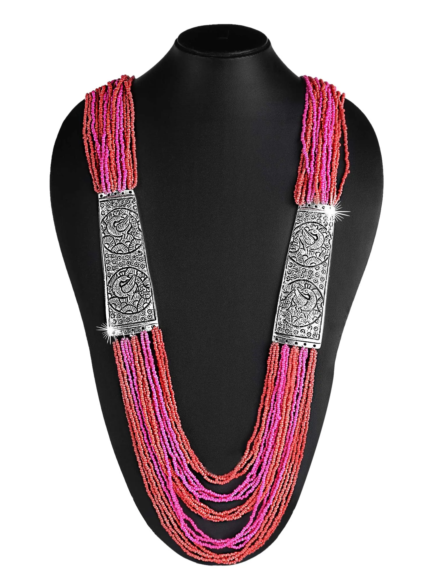 Yellow Chimes Designer Artistic Handmade Afghani Tibetan Style German Silver Oxidized Mulit Layer Beads Long Necklace Women and Girls (Pink)