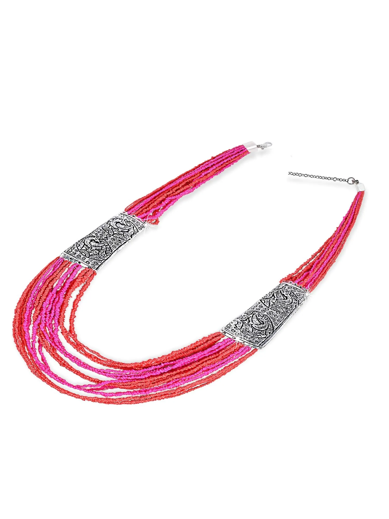 Yellow Chimes Designer Artistic Handmade Afghani Tibetan Style German Silver Oxidized Mulit Layer Beads Long Necklace Women and Girls (Pink)