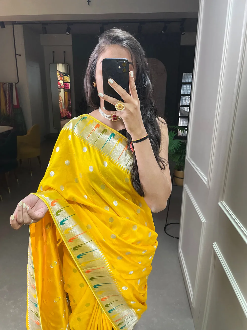Yellow Color Zari Weaving Work Pure Viscose Saree
