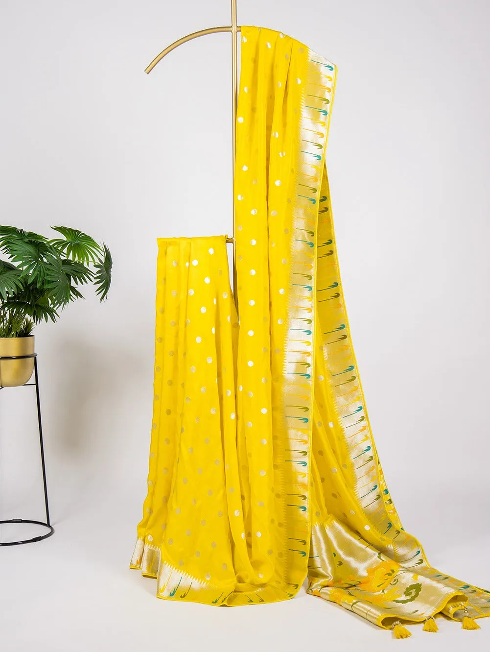 Yellow Color Zari Weaving Work Pure Viscose Saree