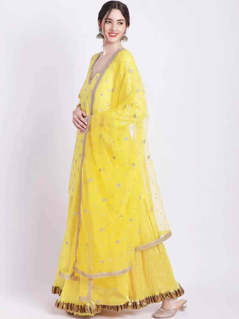 Yellow Kurta Set In Silk With Skirt And Dupatta