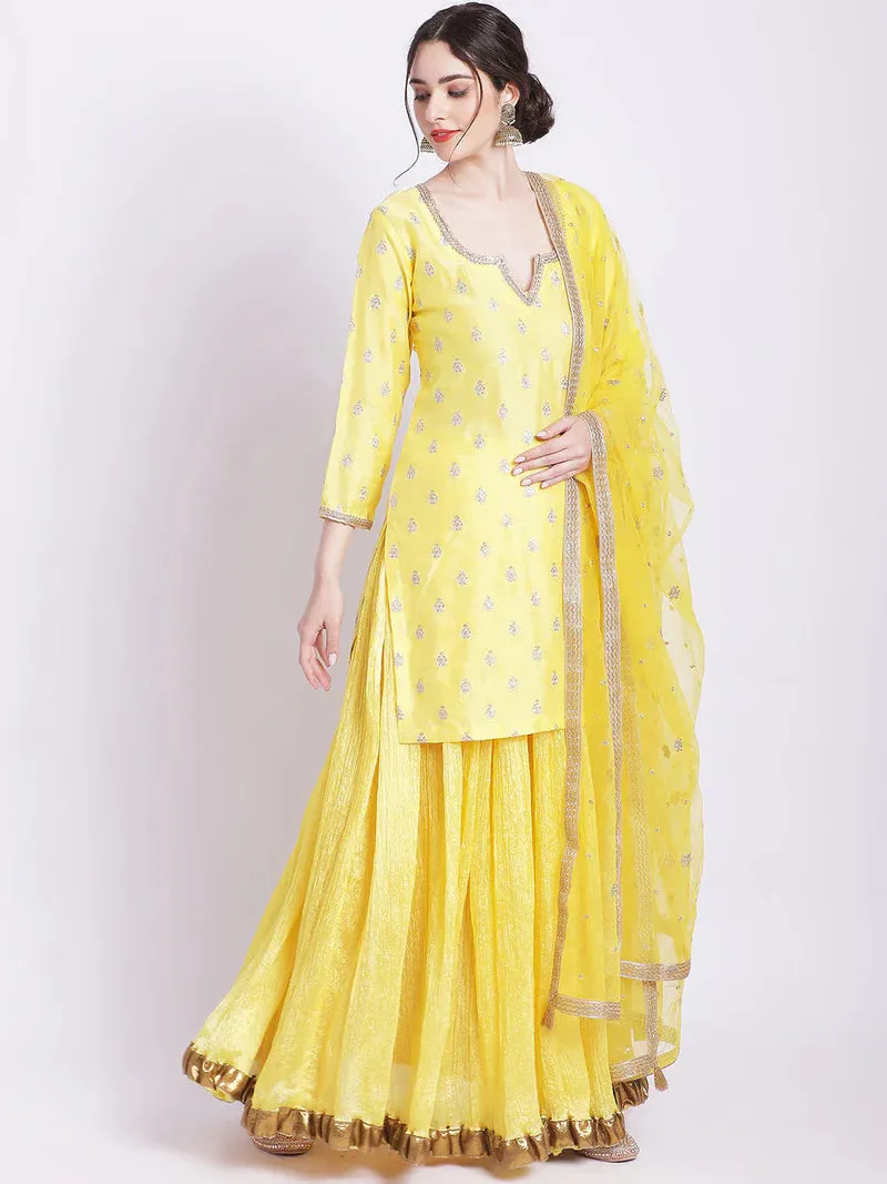 Yellow Kurta Set In Silk With Skirt And Dupatta