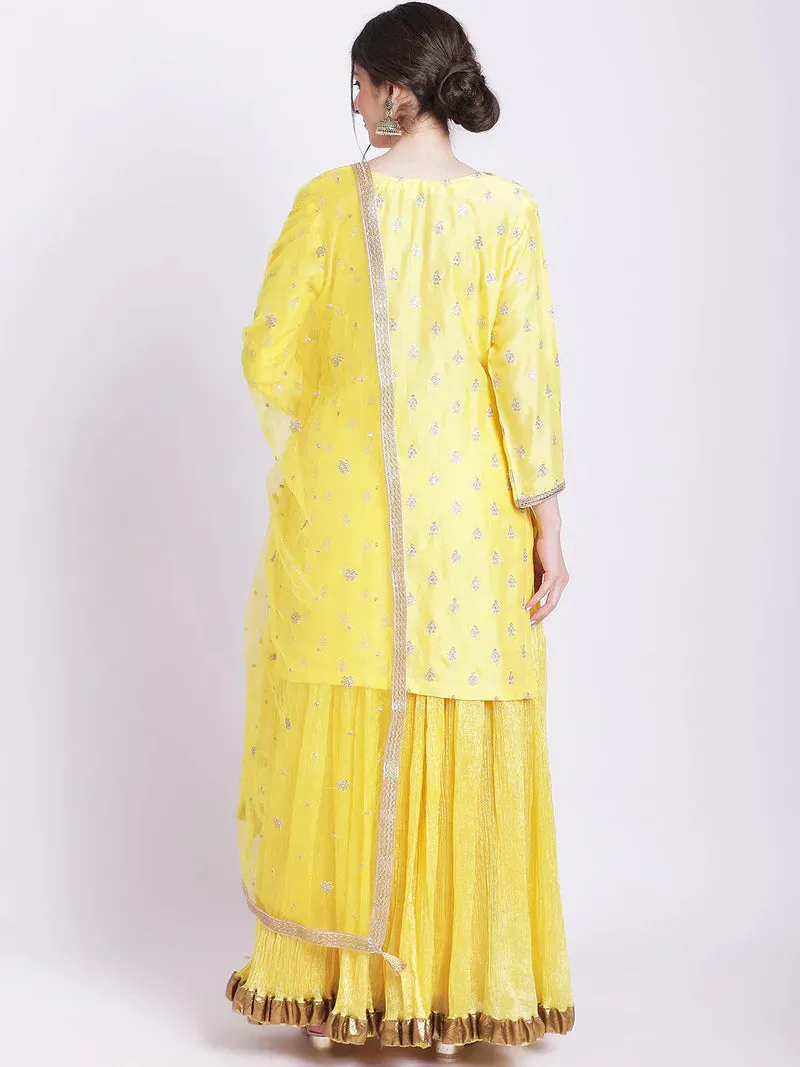 Yellow Kurta Set In Silk With Skirt And Dupatta