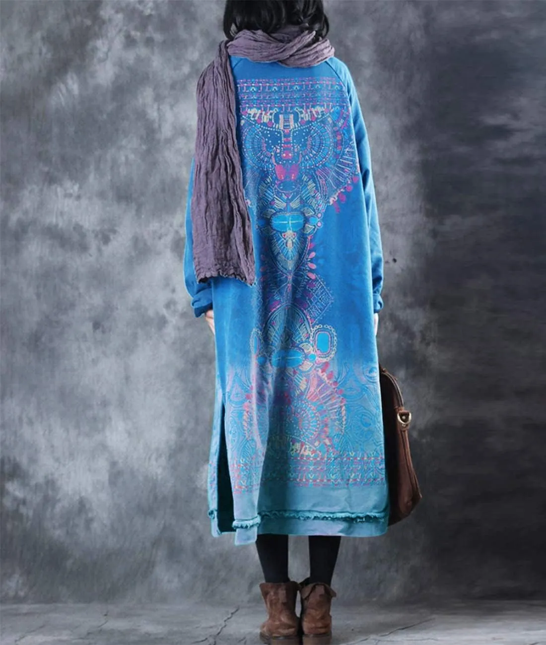 YESNO Women Long Loose Fit Sweatshirt Dress Ombre Ethnic Printed 4/5 Sleeve Side Slit with Pockets Tunic Pullover JGP