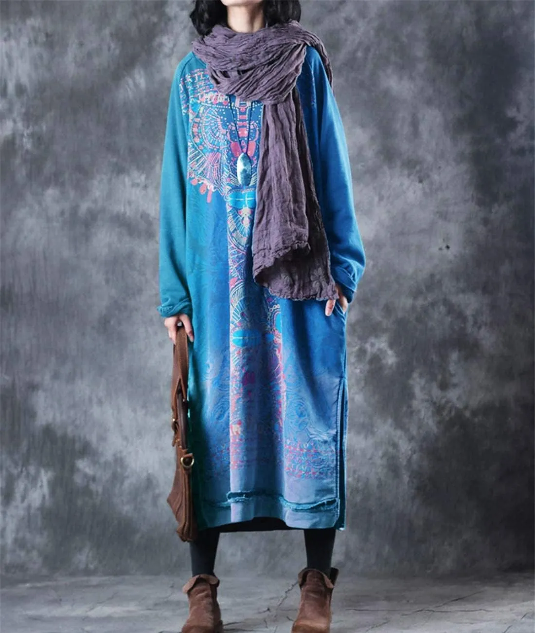 YESNO Women Long Loose Fit Sweatshirt Dress Ombre Ethnic Printed 4/5 Sleeve Side Slit with Pockets Tunic Pullover JGP