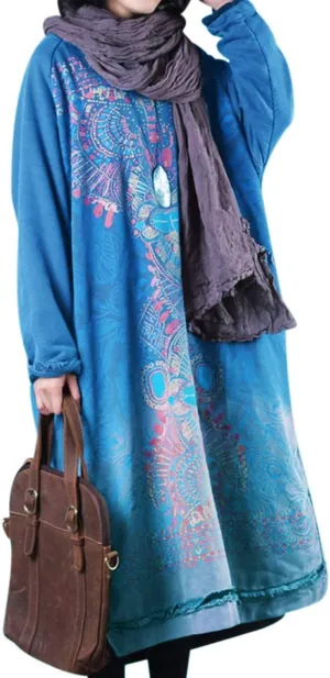 YESNO Women Long Loose Fit Sweatshirt Dress Ombre Ethnic Printed 4/5 Sleeve Side Slit with Pockets Tunic Pullover JGP